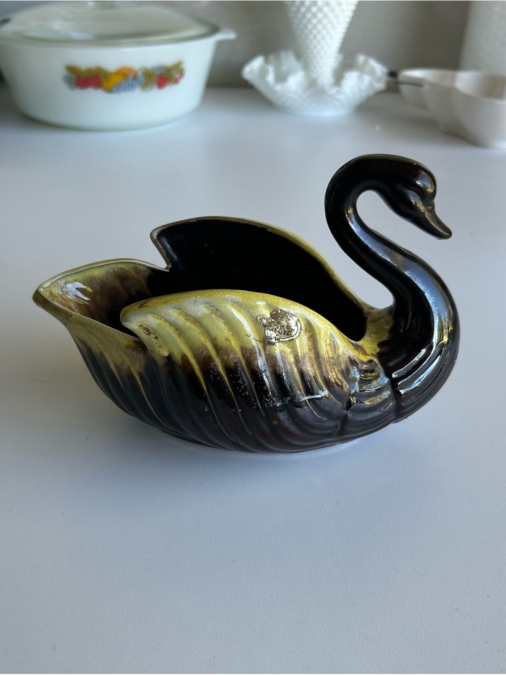 Vintage Enesco Black and Gold Ceramic Swan Bowl - Decorative Home Art